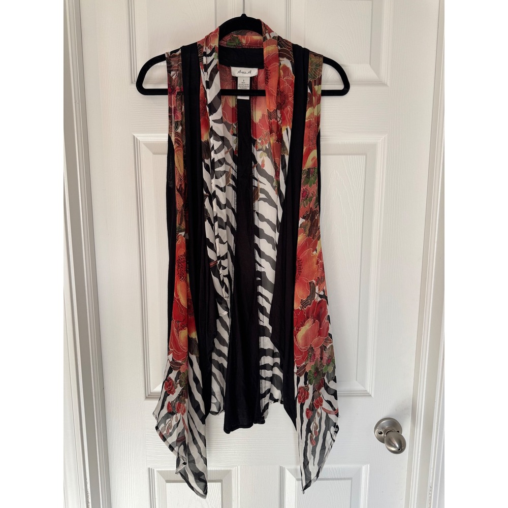 Anis A Mixed Print Floral Zebra Sleeveless Open Front Cardigan Vest Small Y2K